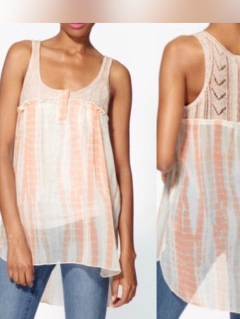 Free People Peach and Beige Sheer Susquehanna Crochet Tank Medium